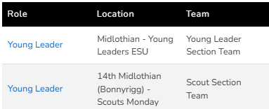 Example membership roles: Young Leader, location Midlothian – Young Leaders ESU, team Young Leader Section Team; and Young Leader, location 14th Midlothian (Bonnyrigg) – Scouts Monday, team Scout Section Team