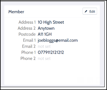 Example OSM member contact details panel showing Address 1, Address 2, Postcode, Email 1 and Phone 1 filled in with sample details