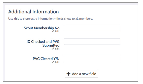 OSM Additional Information panel with the fields Scout Membership No, ID Checked and PVG Submitted, and PVG Cleared Y/N